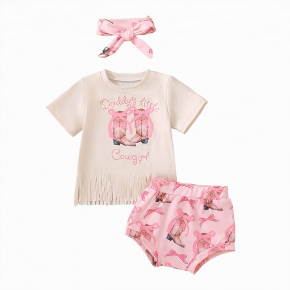 TOWED22 Toddler Girls Summer Clothes Set Vintage Print T-Shirt and Denim Shorts 2-Piece Outfit Beige,0-6 M
