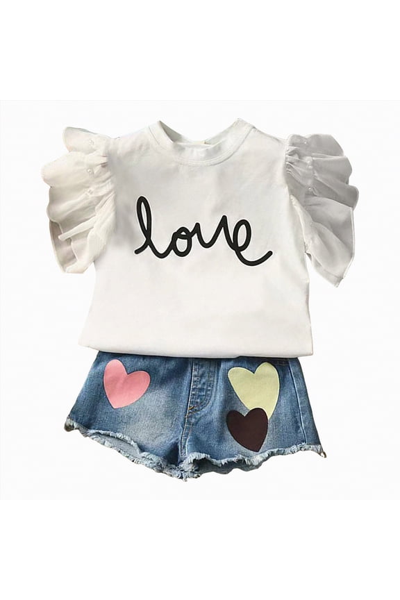 Toddler Girls Summer Clothes Set Vintage Print T-Shirt and Denim Shorts 2-Piece Outfit White,8-9 Y