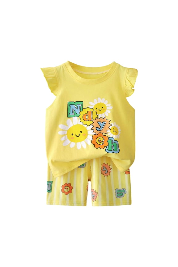 Toddler Girls Summer Co-ord Set Flutter Sleeve Top and Tailored Shorts 2 Piece Separate Outfit Yellow,3-4 Y