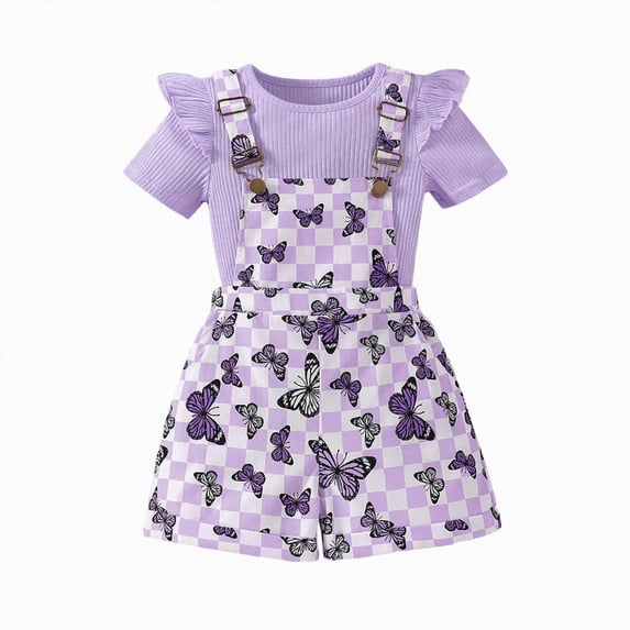 TOWED22 Toddler Girls Summer Outfit Short Sleeve Ribbed T-Shirt and Bib Suspender Overalls Shorts Set Kid 2Pcs Clothes(Purple,2-3 Y)