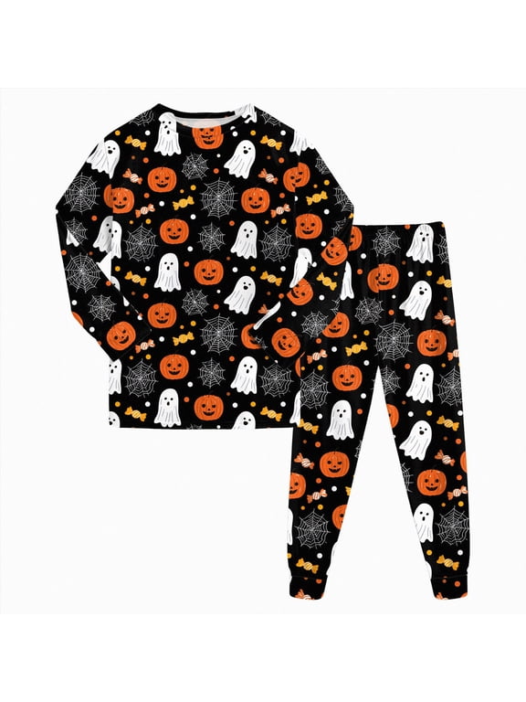 Toddler Halloween Pajamas Girls Boys Funny Graphic Print Pjs Sets Kids Snug fit 2pcs Long-Sleeve Fall Winter Sleepwear