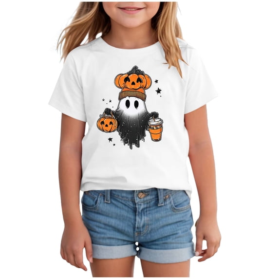 TOWED22 Toddler Halloween Shirt Baby Boy Girls Ghost Pumpkin Tshirts Kids Fall Spooky Season Short Sleeve Tee Tops,White,8-9 Y