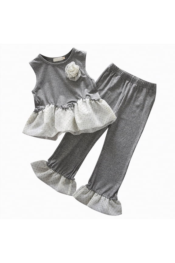 Toddler Infant Baby Girl Clothes Sleeveless Lace Crop Tops High Waist Long Pants 2pcs Summer Set(Grey,3-4 Y)