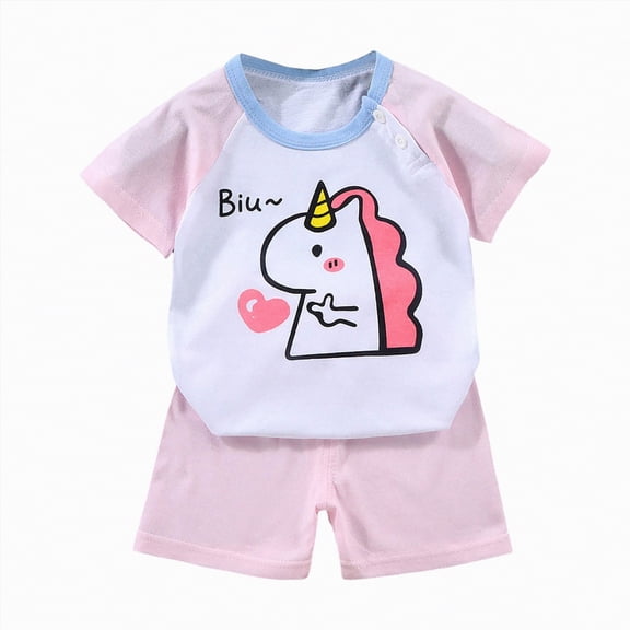 TOWED22 Toddler Infant Baby Girls Boys 2 Piece Outfits Print Short Sleeve Cotton Shirt Top Casual Shorts Sets Pockets(Light Pink,6-12 M)