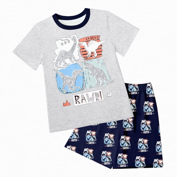 TOWED22 Toddler Kid Boy Clothes Cartoon Dinosaur Print Round Neck Short Sleeve Tee Top Elastic Waist Pattern Cargo Shorts 2pcs Summer Outfits(Grey,6-7 Y)