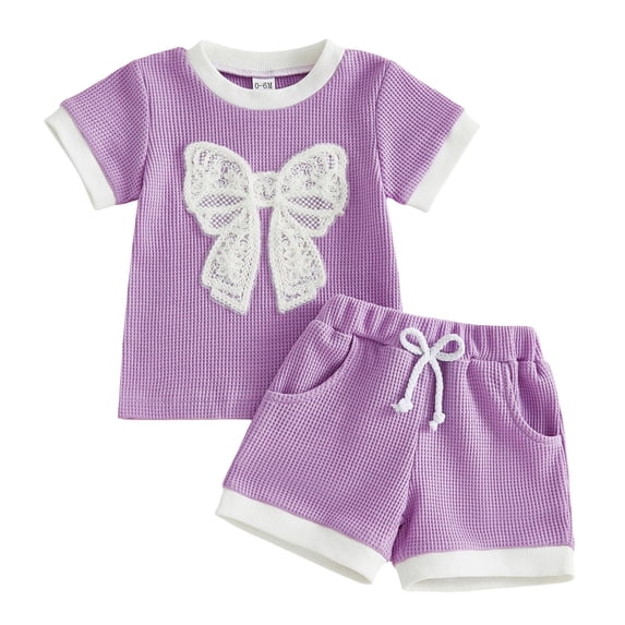 TOWED22 Toddler Kid Girl Summer Clothes 2Pcs Outfit Butterfly Print Short Sleeve T-Shirt + Floral Shorts Set(Purple,12-18 M)