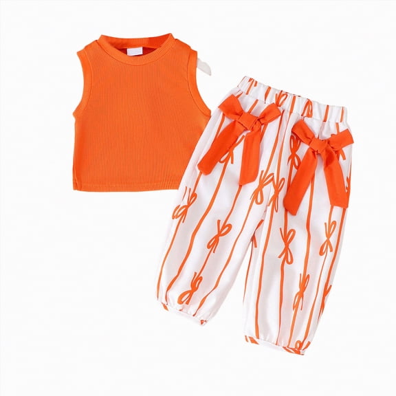 TOWED22 Toddler Kids Baby Girl Summer Clothes Sleeveless Bowknot Camisole with Pockets Long Pants 2pcs(Orange,6-9 M)
