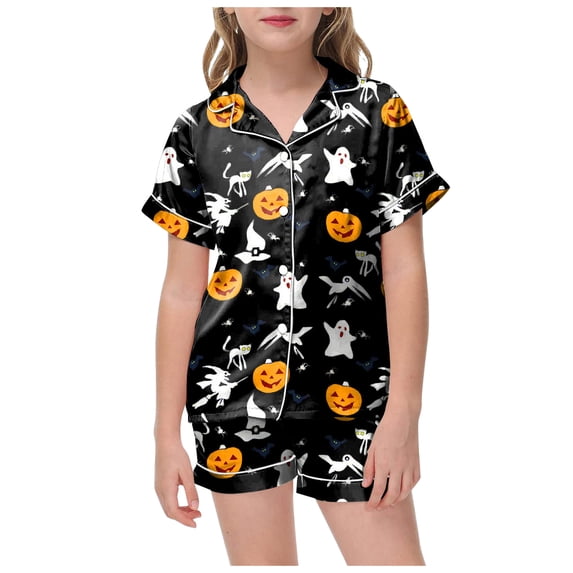 TOWED22 Toddler Kids Girl Halloween Pajamas Fall Pjs Set Sleepwear Print Holiday Button Down Satin 2 Pieces Lounge Matching Halloween Pajamas