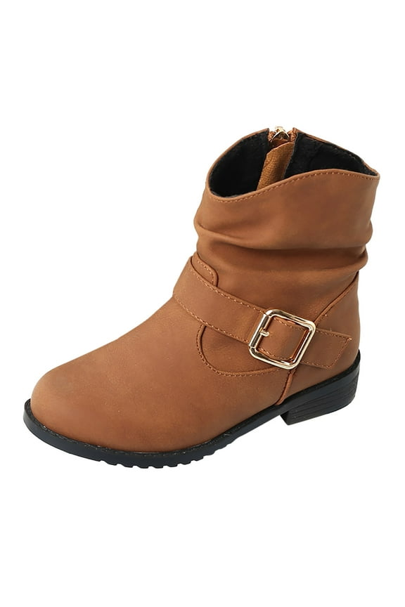 Toddler Snow Boots for Girls Girls Buckle Decor Slouchy Boots Western Boots Kids Ankle Boots Girls Low Heel Riding (Brown, 4 Big Kids)