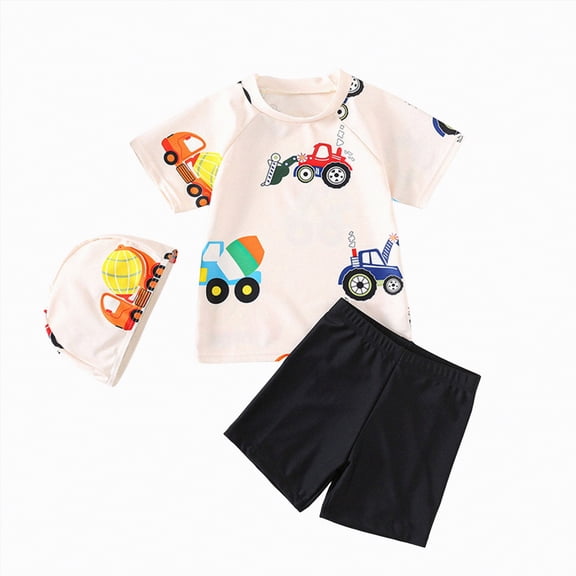 TOWED22 Toddler Swimsuit Boy 2-Piece Dinosaur Bathing Suit with Rash Guard Cute Toddler Boy Swimsuit Dinosaur(Beige,5-6 Y)