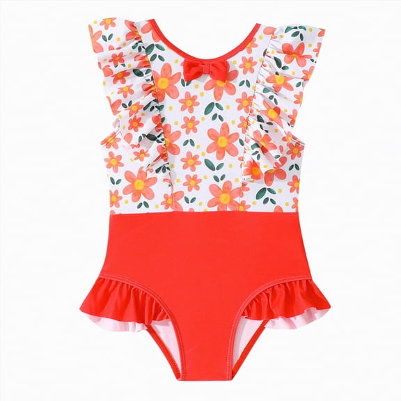 TOWED22 Toddler Swimsuit Girl Bathing Suit Girls Summer Ruffle One Piece Swim Suit Cutouts Bikini for Girls Red,4Y