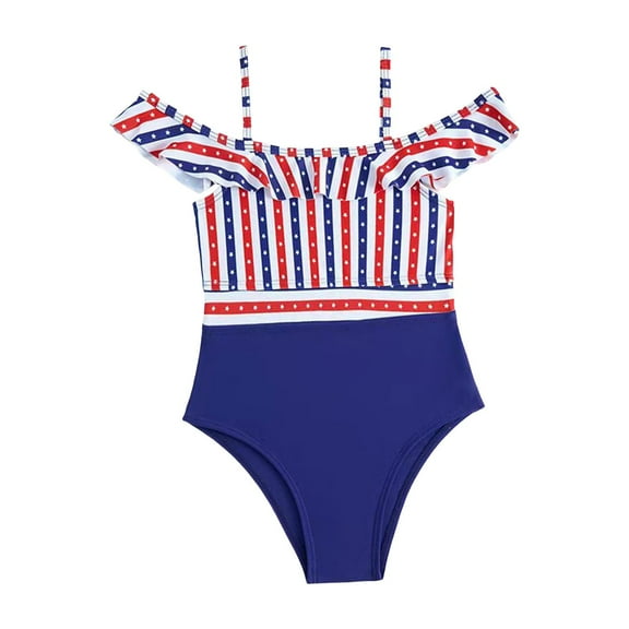 TOWED22 Toddler Swimsuit Girl Color Block Stripe One-Piece Swimwear Baby Girl Bathing Suits(Red,5-6 Years)