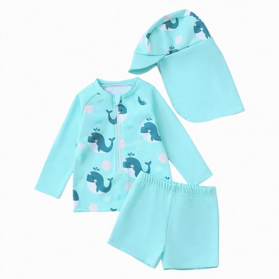 TOWED22 Toddlers Boys 3PCS Rashguard Swimsuit Long Sleeve Top and Slim-fit Swim Shorts Sets with Hat Boys Bathing Suit 1-5T Green,12-18 M