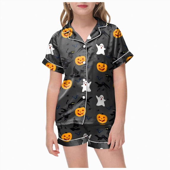 TOWED22 Toddlers Halloween Pajamas Baby Kids Boy Girl Pumpkin Pajama Set Ghost Pjs Jammies 2-13T Button Down Lounge Sleepwear(Grey,4-5 Y)