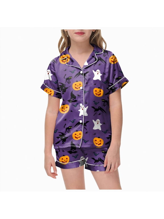 Toddlers Halloween Pajamas Baby Kids Boy Girl Pumpkin Pajama Set Ghost Pjs Jammies 2-13T Button Down Lounge Sleepwear(Purple,10-11 Y)