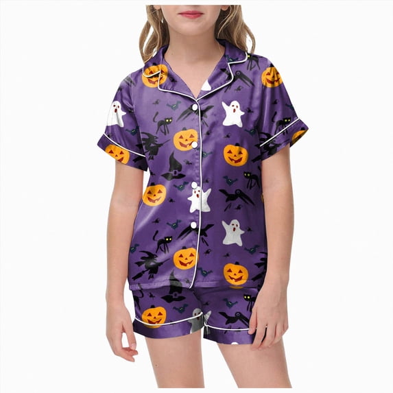 TOWED22 Toddlers Halloween Pajamas Baby Kids Boy Girl Pumpkin Pajama Set Ghost Pjs Jammies 2-13T Button Down Lounge Sleepwear(Purple,8-9 Y)