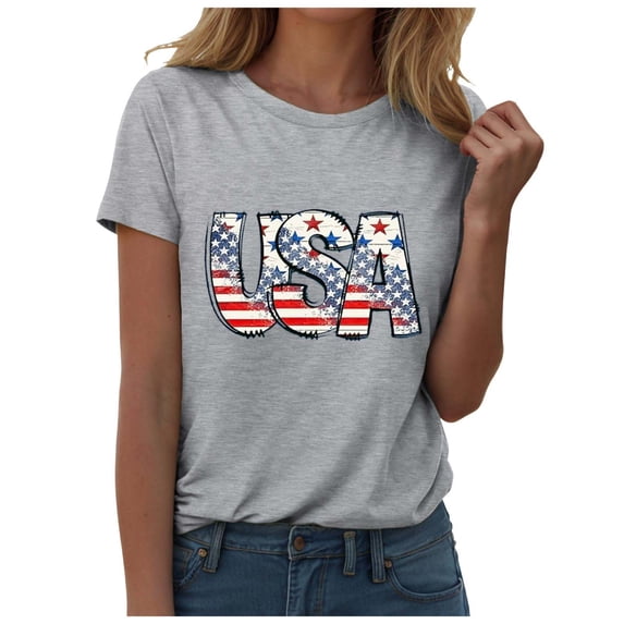 TOWED22 USA Flag Tee Shirt for Women 4th of July Memorial Day T Shirt American Proud T Shirt Casual Short Sleeve Graphic Tee(Grey,L)