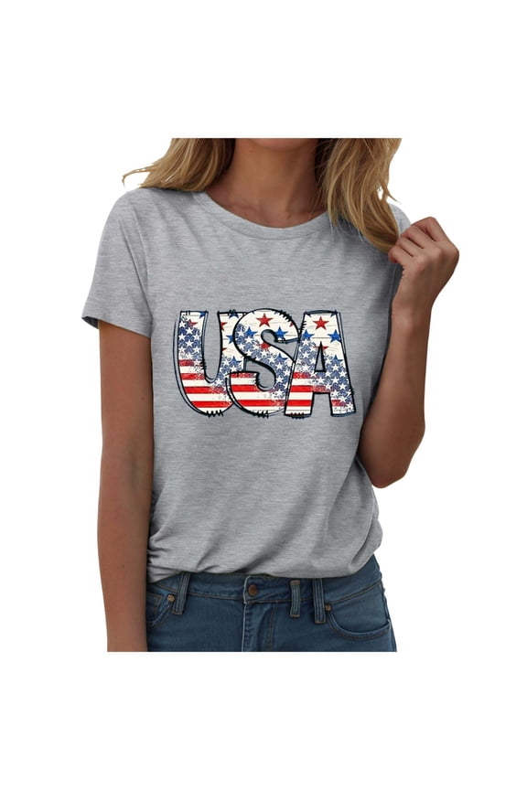 USA Flag Tee Shirt for Women 4th of July Memorial Day T Shirt American Proud T Shirt Casual Short Sleeve Graphic Tee(Grey,M)