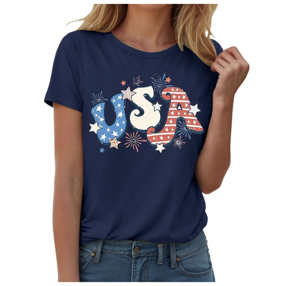 TOWED22 USA Shirts for Women 4th of July Shirt Women Cute Patriotic Print Tshirt America Tee Tops(Navy,XL)