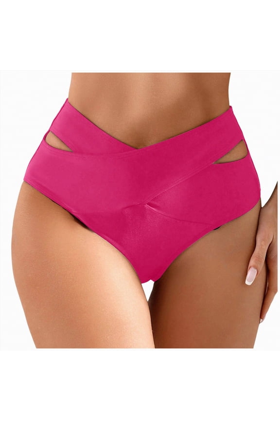 V Cut Bikini Bottoms for Women Full Coverage High Waisted Bathing Suit Swim Bottoms Cross V Front Swimsuit(Hot Pink,XXL)