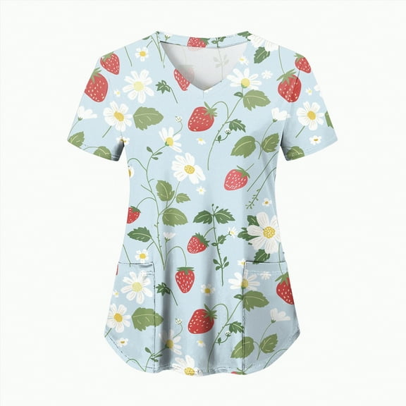TOWED22 V Neck Print Scrub Tops for Women Short Sleeve Scrub Shirts Stretchy Holiday Nurse Uniform with 2 Pockets(Light Blue,M)