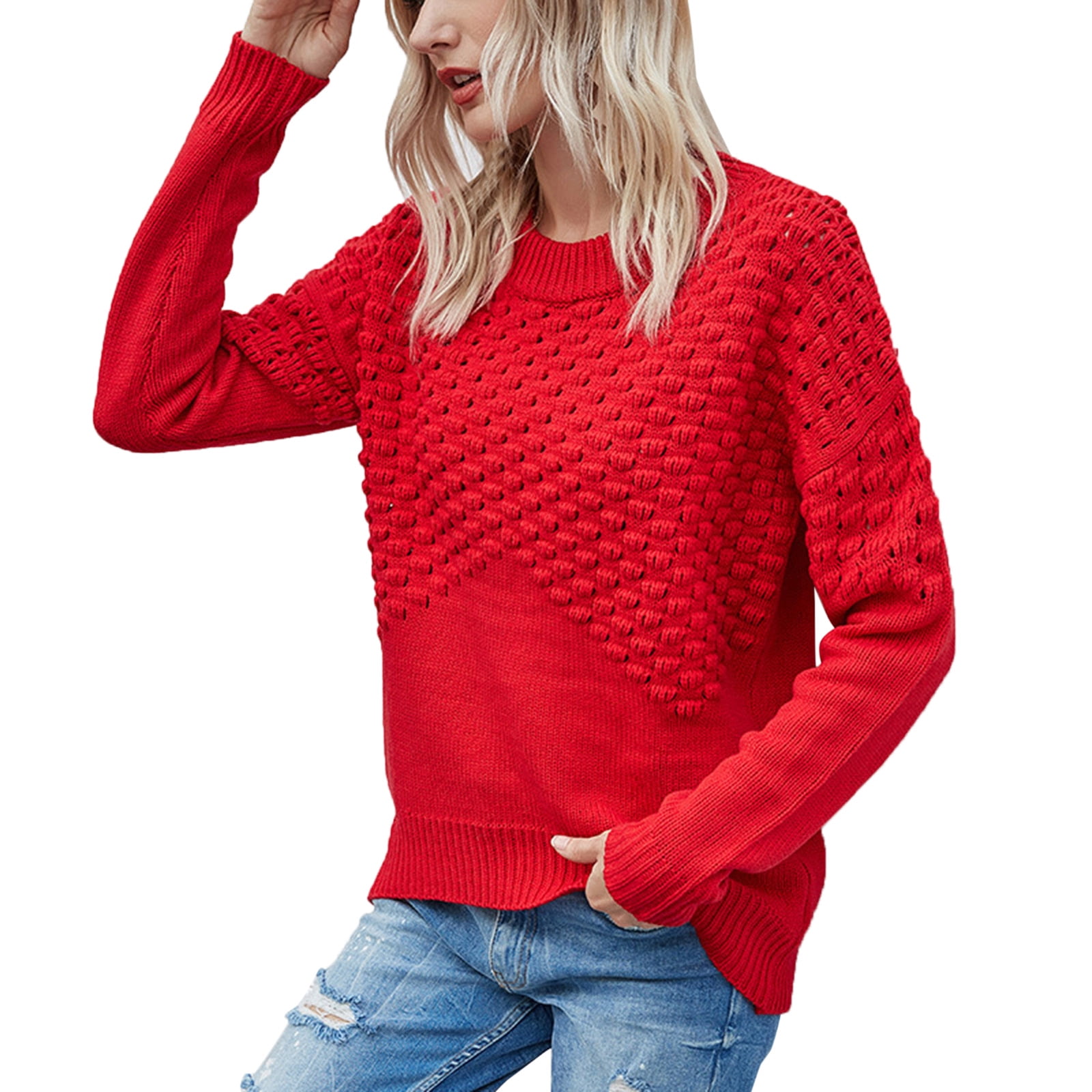 TOWED22 Waffle Knit Sweaters for Women Long Sleeve Lightweight Solid