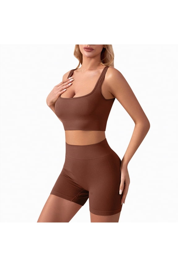 Women 2 Piece Workout Sets Padded Halter Sports Bras High Waisted Biker Shorts(Coffee,L)