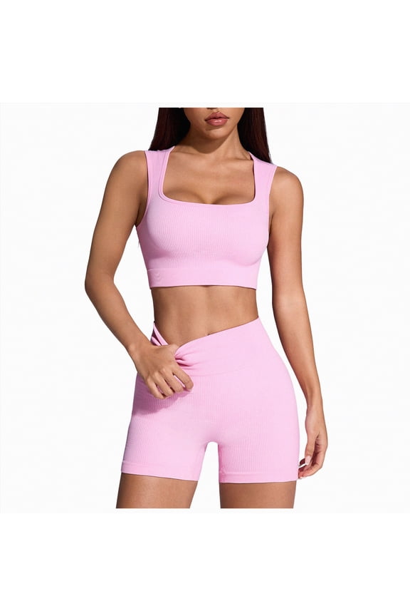 Women 2 Piece Workout Sets Padded Low Impact Yoga Tops High Waisted Biker Shorts(Pink,L)