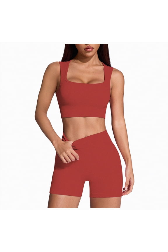 Women 2 Piece Workout Sets Padded Low Impact Yoga Tops High Waisted Biker Shorts(Red,S)