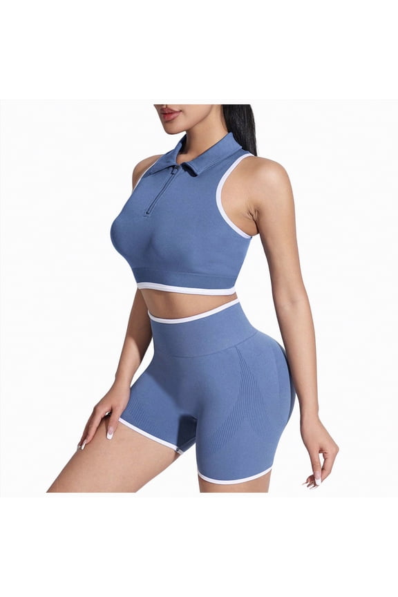 Women 2 Piece Workout Sets Padded Yoga Tank Top High Waisted Biker Shorts(Blue,L)