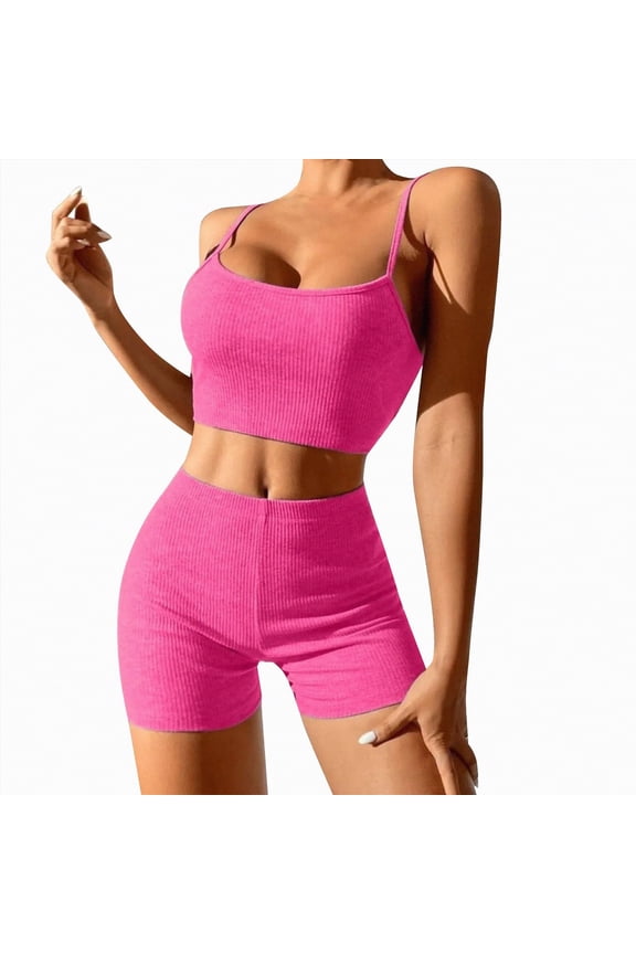 Women 2 Pieces Workout Sets Padded Spaghetti Straps Camis High Waist Biker Shorts(Hot Pink,L)