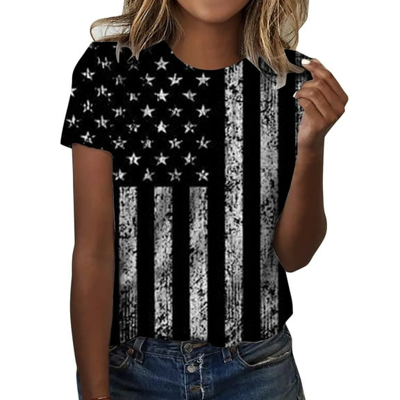 TOWED22 Women American Flag T-Shirt Shirt Casual Short Sleeve American Flag Cute Tee Top(Black,S)