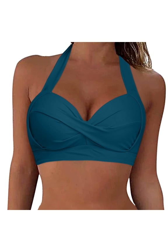Women Halter Bikini Top Push Up Swimsuit Top Retro Swim Top Twist Front Bathing Suit Top Only(Navy,XXL)