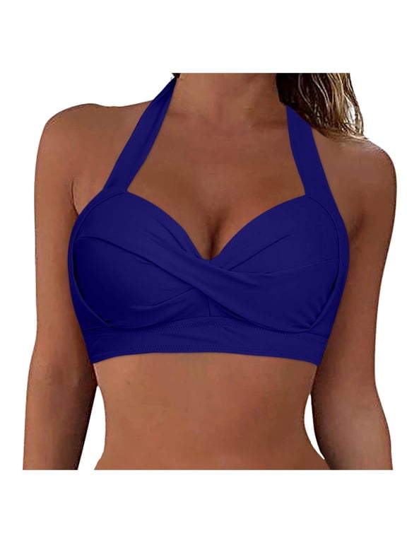 Women Bikini Top Push Up Swim Top Halter Retro Bathing Suit Top Padded Swimsuit Top Only(Dark Blue,S)