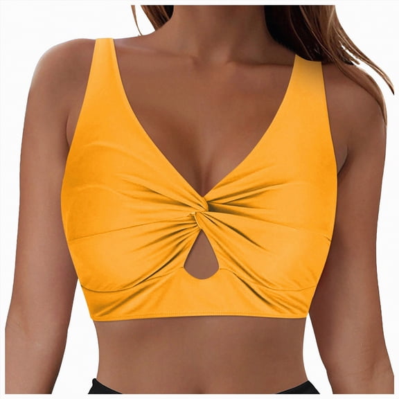 TOWED22 Women Bikini Top - V Neck Swimsuits Top Only Crisscross Bathing Suit Swim Bra Padded(Yellow,XL)