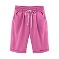 thumbnail image 1 of TOWED22 Women Casual Linen Short Fashion Elastic Waist Knee Length Pant with Drawstring Elastic Rolled Hem Bermuda Short(Hot Pink,M), 1 of 7