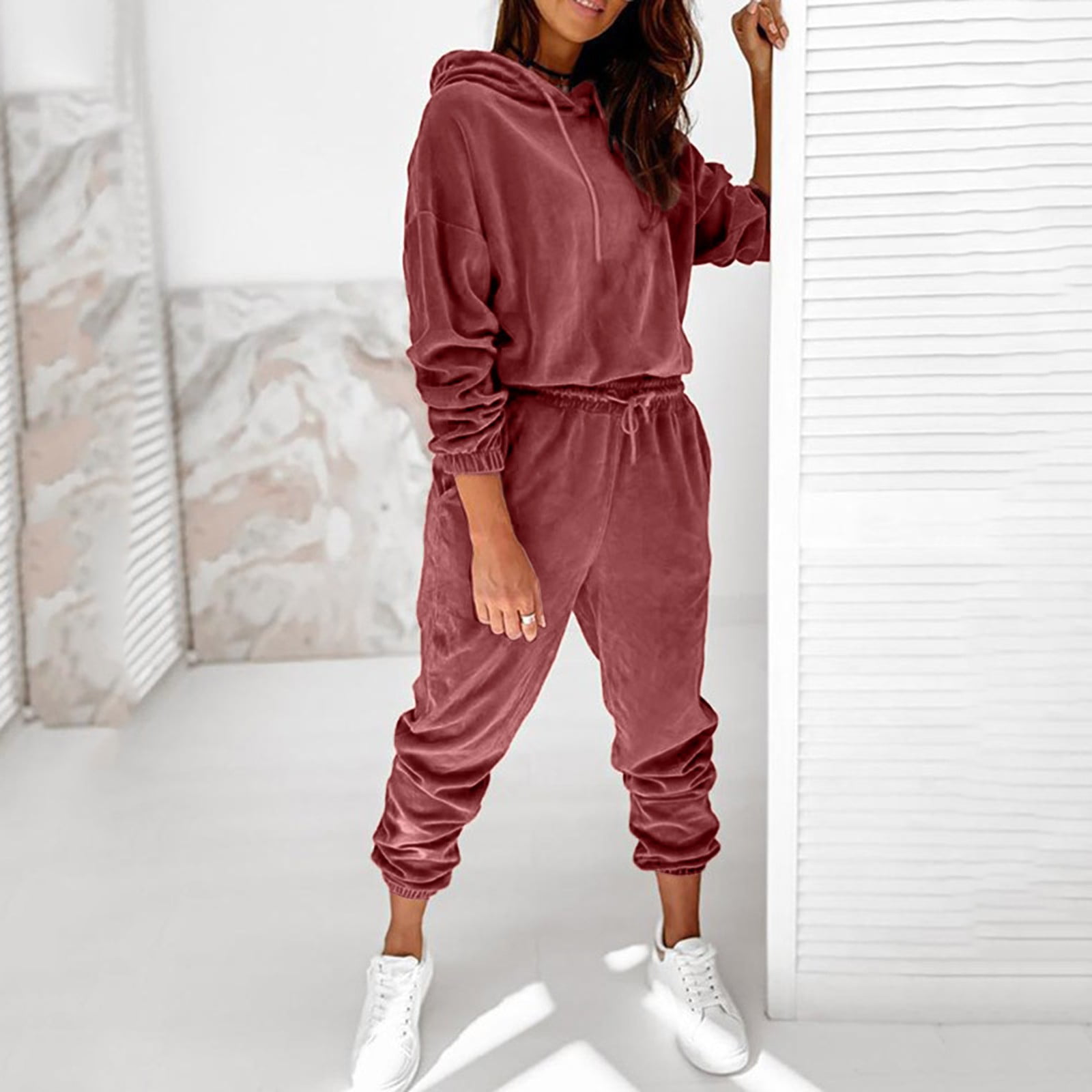 TOWED22 Women Clothing Sets Outfits Women Two Piece Outfits Workout Track Suits Long Sleeve Crop Top Jogger Pants Sets Casual Tracksuit Red M