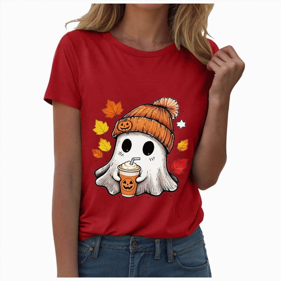 TOWED22 Women Cute Bow Ghost Halloween Shirt Funny Halloween Costume Tshirts Short Sleeve Spooky Graphic Tee Tops(Red,L)