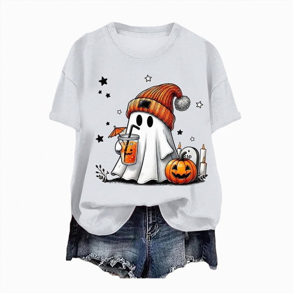 TOWED22 Women Fall Halloween Shirt Novelty Spooky Coffee Print Graphic Tees Pumpkin Thanksgiving Tops(White,L)