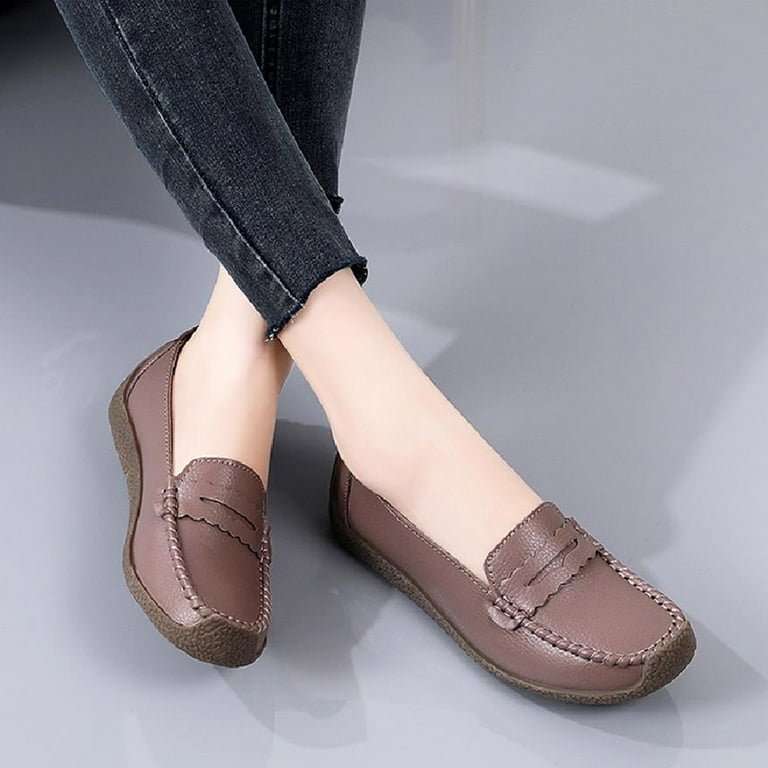 Women Leather PU Office Lady Square Slip on Work Shoes Classic