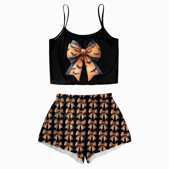 TOWED22 Women Halloween 2 Piece Pajama Set Printed Spaghetti Strap Cropped Camisole Shorts Set Sleepwear Loungewear(Orange,S)