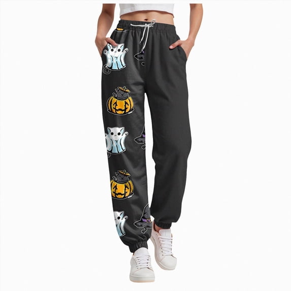 TOWED22 Women Halloween Sweatpants Cute Ghost Graphic Track Pants Drawstrings High Waisted Bottom Active Joggers with Pocket(Black,XXL)