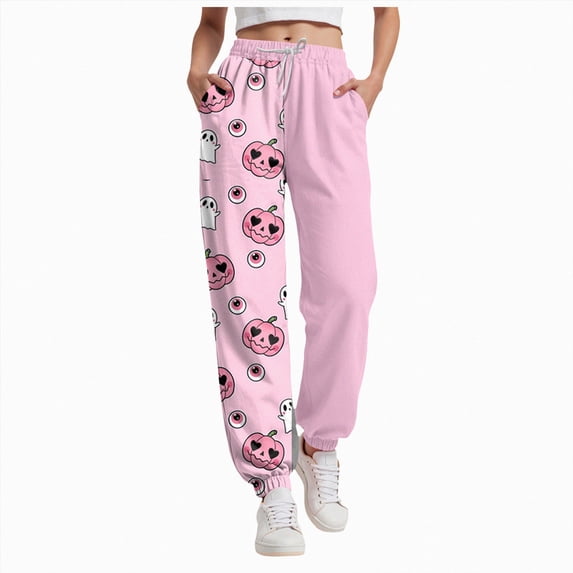 TOWED22 Women Halloween Sweatpants Cute Ghost Graphic Track Pants Drawstrings High Waisted Bottom Active Joggers with Pocket(Pink,XXL)
