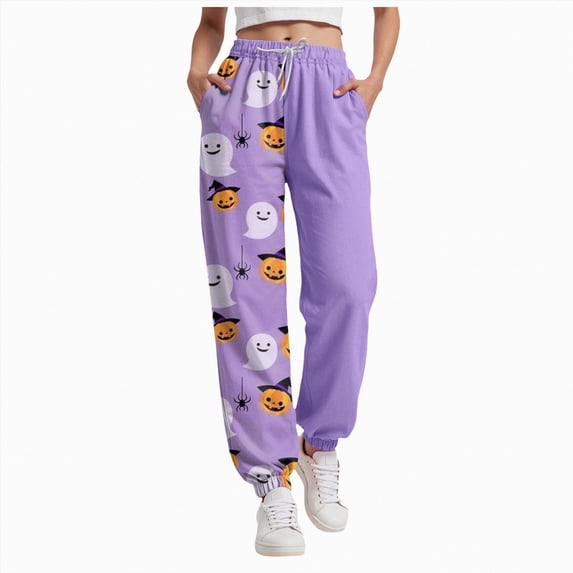 TOWED22 Women Halloween Sweatpants Cute Ghost Graphic Track Pants Drawstrings High Waisted Bottom Active Joggers with Pocket(Purple,XXXL)