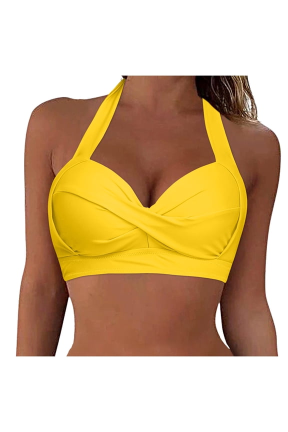 Women Halter Bikini Top Push Up Swimsuit Top Retro Swim Top Twist Front Bathing Suit Top Only(Yellow,XL)