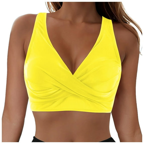 TOWED22 Women Halter Bikini Top Push Up Swimsuit Top V Neck Full Coverage Swimsuit Top Only Yellow,M