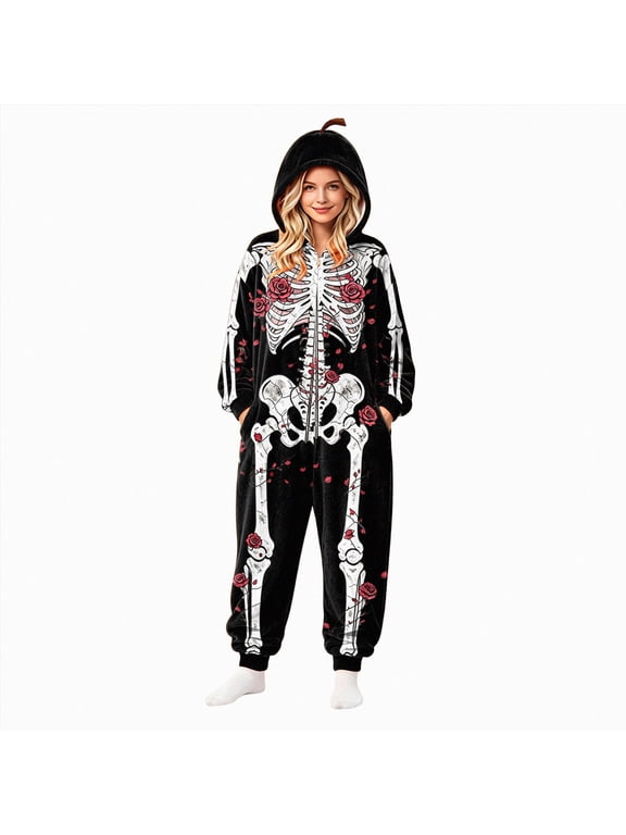 Women Men Halloween Skeleton Costume Onesie Jumpsuit Adult Plus Size Cozy Pajamas Hoodie Outfit Suit Scary(White,XXL)