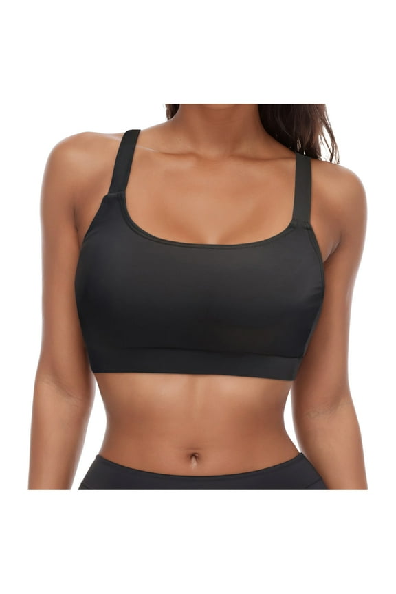 Women Sport Bra Swimsuit Top Scoop Neck Bathing Suits Top Padded Swim Tops Only(Black,L)