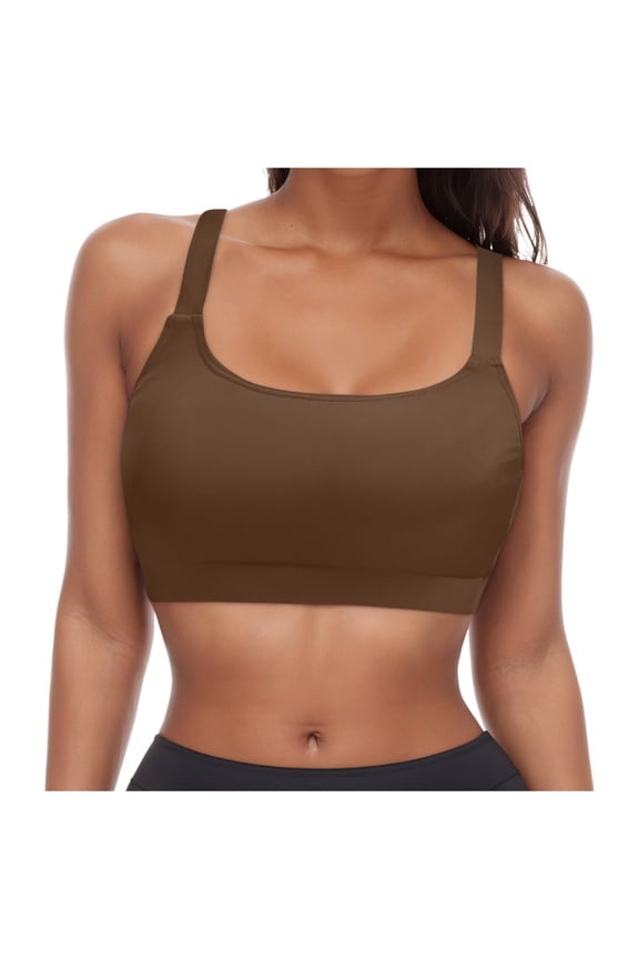 Women Sports Bra Swim Top - Adjustable Swim Bra Bikini Top Scoop Neck Bathing Suits Top Cross Strap Swimsuit Top Only(Brown,M)