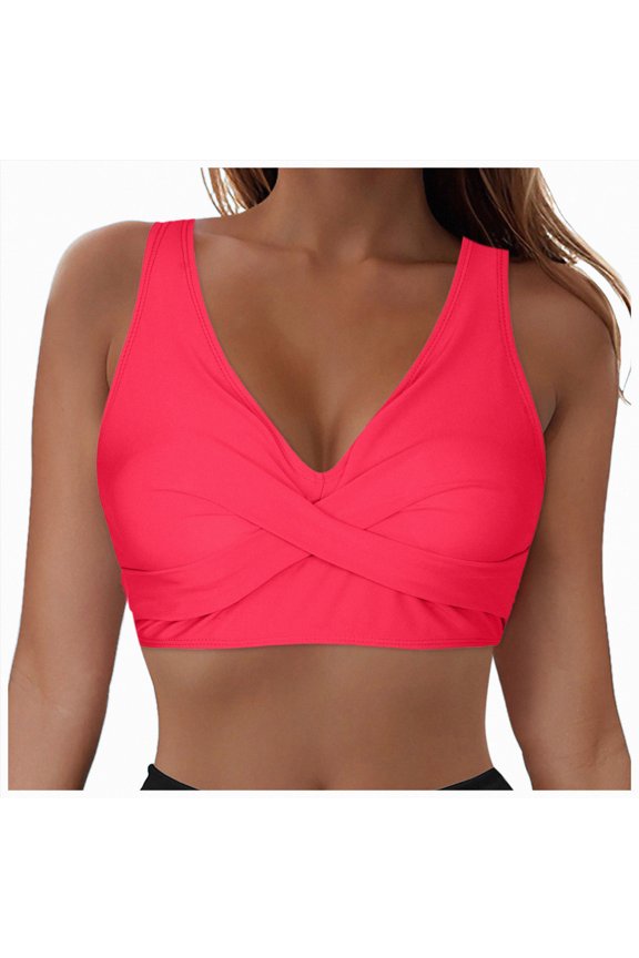 Women Sports Bra Bikini Tops Scoop Neck Bathing Suits Top Padded Swim Crop Tops Only Watermelon Red,S